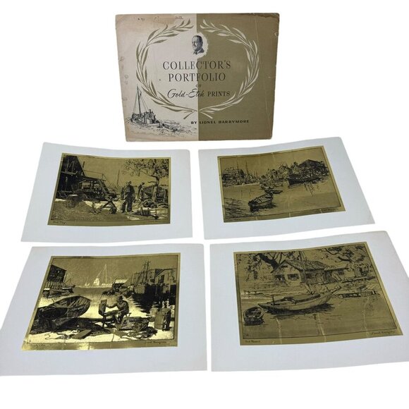 Lionel Barrymore Collectors Portfolio Of 4 Gold-Etch Prints Vintage - Picture 1 of 8